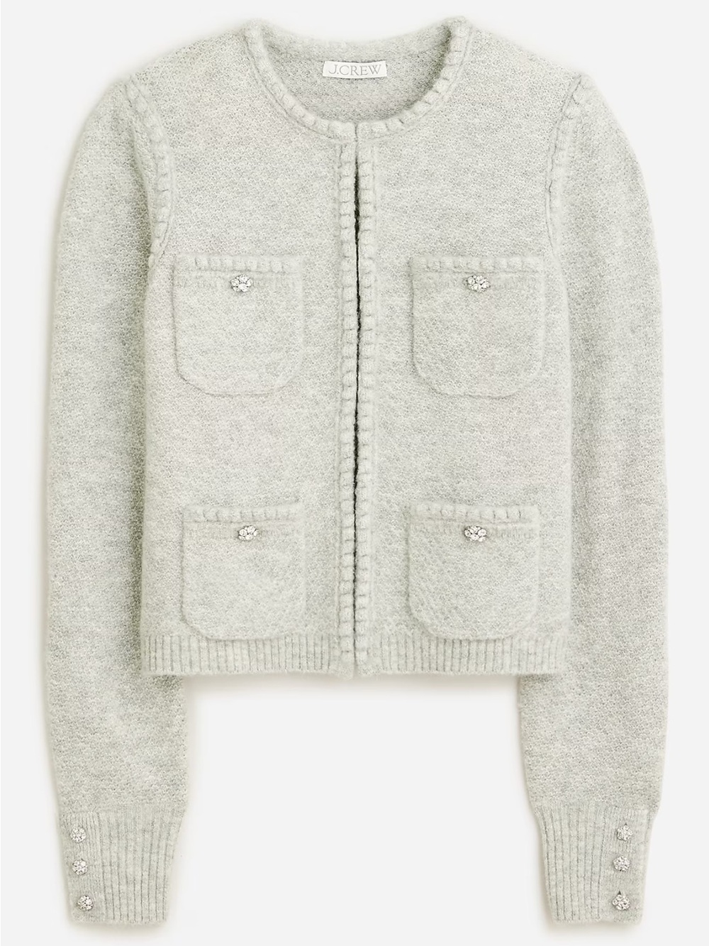 J.Crew Odette Sweater Lady Jacket XS Gray Merino Wool Alpaca Jewel Buttons NWT